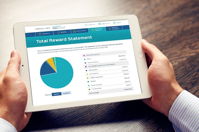 Tablet screen displaying comprehensive Total Rewards information, illustrating benefits and incentives for employees.