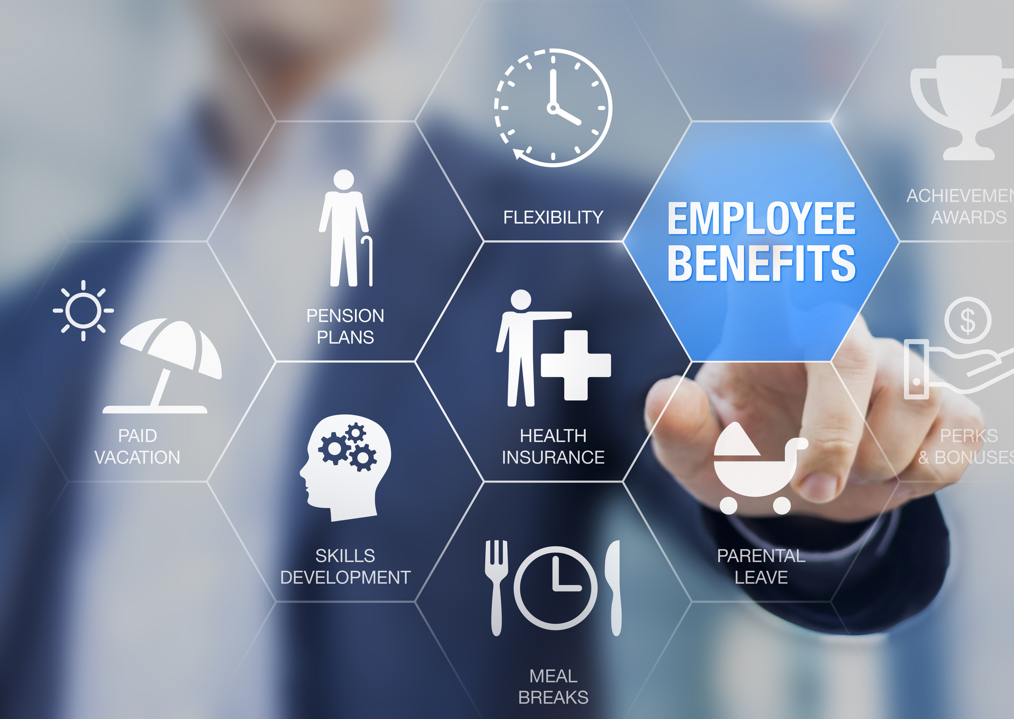 Digital graphic showing an individual pointing at an 'Employee Benefits' icon, surrounded by symbols representing pension plans, paid vacation, health insurance, flexibility, skills development, parental leave and meal breaks